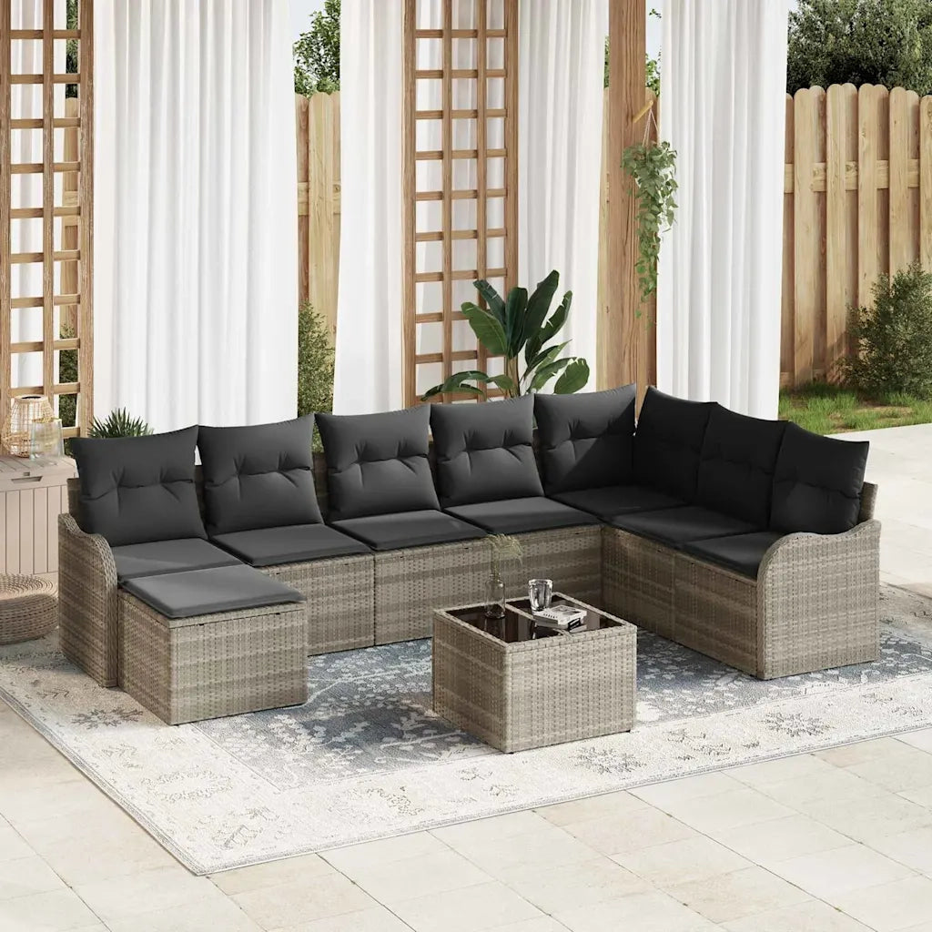 Set Divano da Giardino 9 pcs Grigio chiaro Poly Rattan