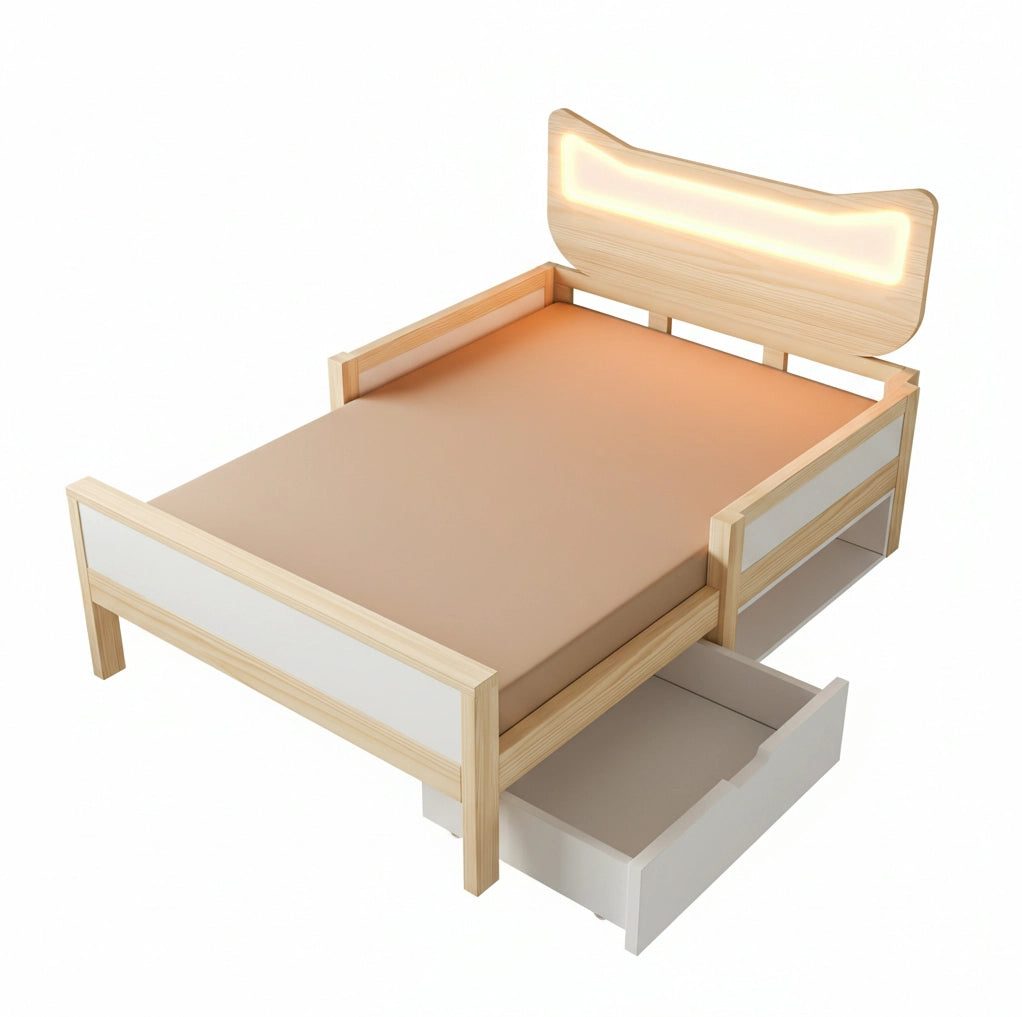 Letto per bambini 90x190 cm con testiera a orecchie di gatto, illuminazione LED RGB, doghe e cassetto flessibile montabile a sinistra o destra, bianco e rovere, senza materasso