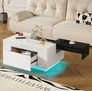 Tavolino da caffè moderno con LED RGB; piano estraibile e cassetto; 80 x 50 x 35;5 cm; bianco e nero