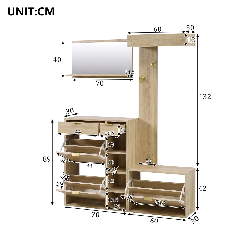 Set guardaroba 4 pezzi con scarpiera, panca, specchio e appendiabiti 130x30x174 cm, mobili per ingresso in truciolato naturale