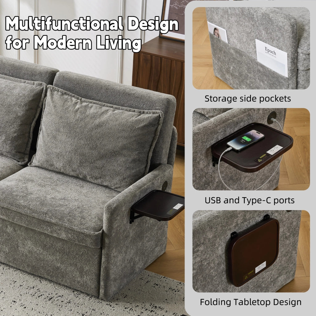 1 Divano letto grigio in chenille 3 in 1 con cuscini, schienale regolabile 5 livelli, USB, contenitore, pieghevole, per casa