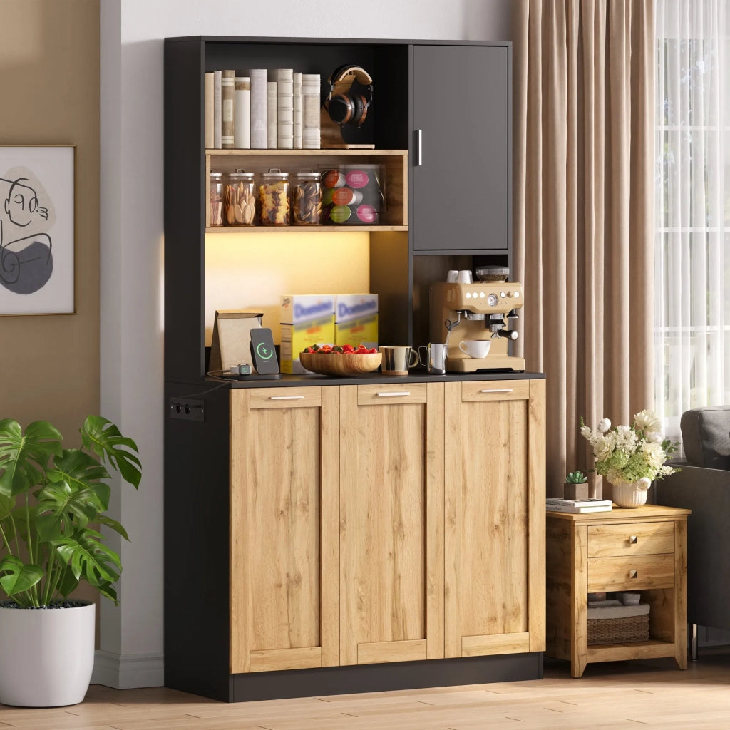 Armadio da cucina alto 100x40x180 cm con illuminazione LED e prese, ripiani regolabili, vetrina per soggiorno e sala da pranzo