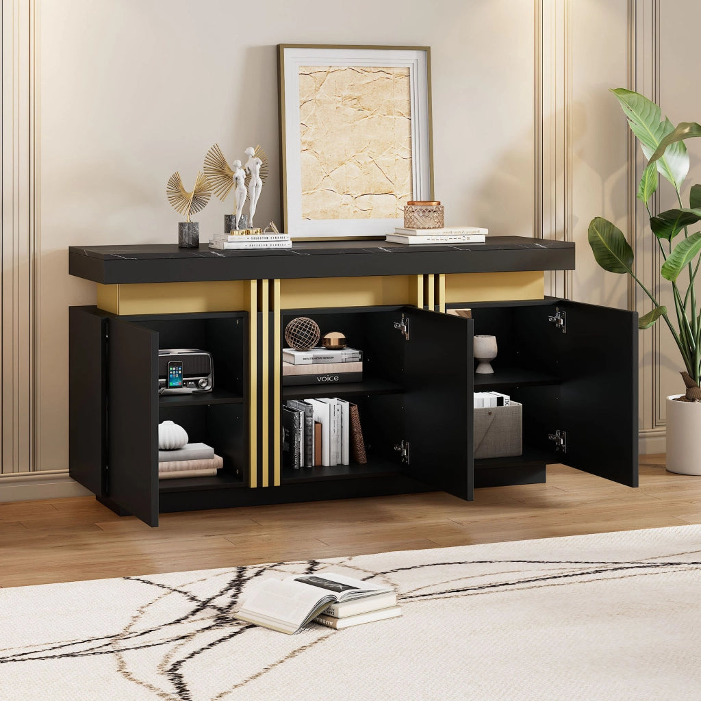 Sideboard Moderno Nero e Oro in Truciolato 140x38x70 cm con 3 Ante e Ripiani Regolabili