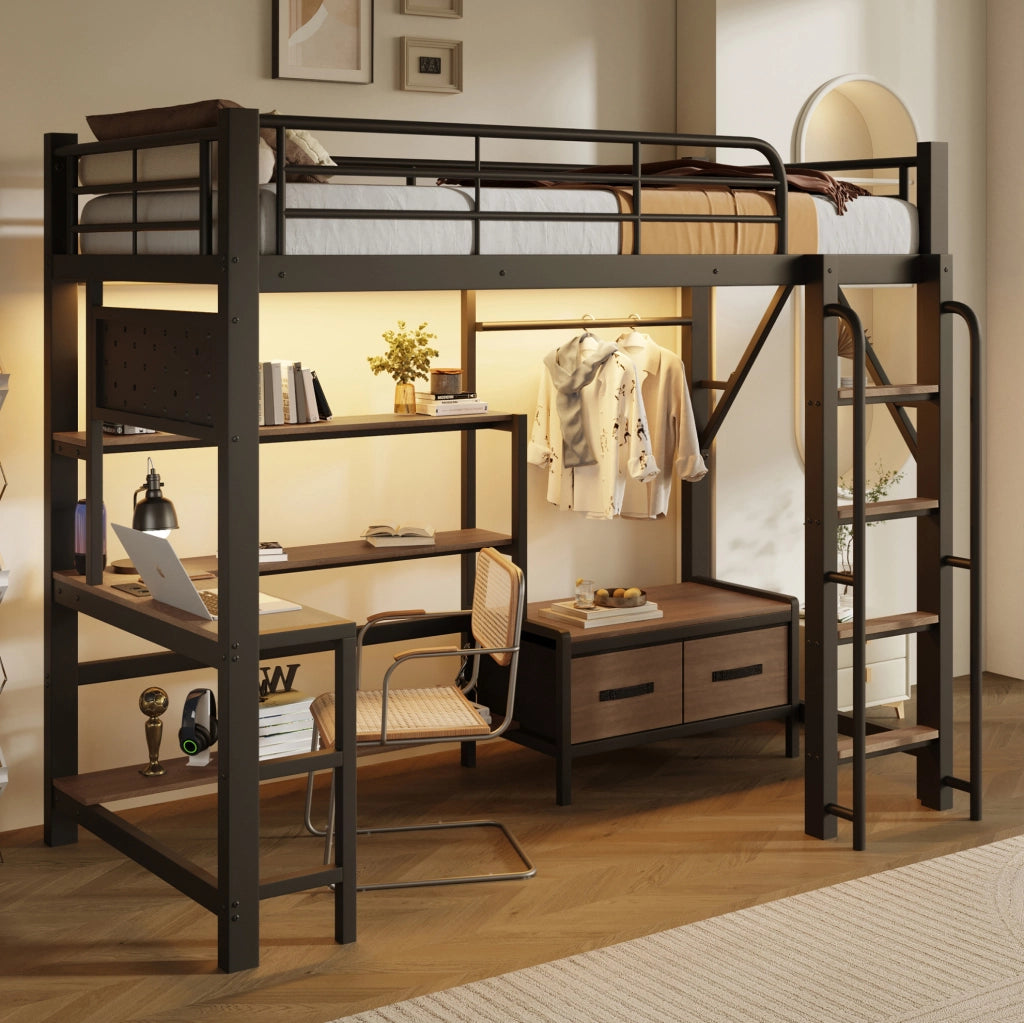 LETTO A SOPPALCO 90x200 cm Metallo e MDF Nero con Scrivania, LED e USB