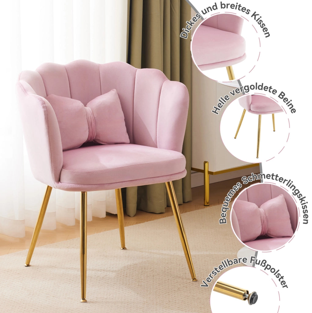 Set di 4 sedie imbottite in velluto rosa con schienale a petalo e gambe in metallo dorato