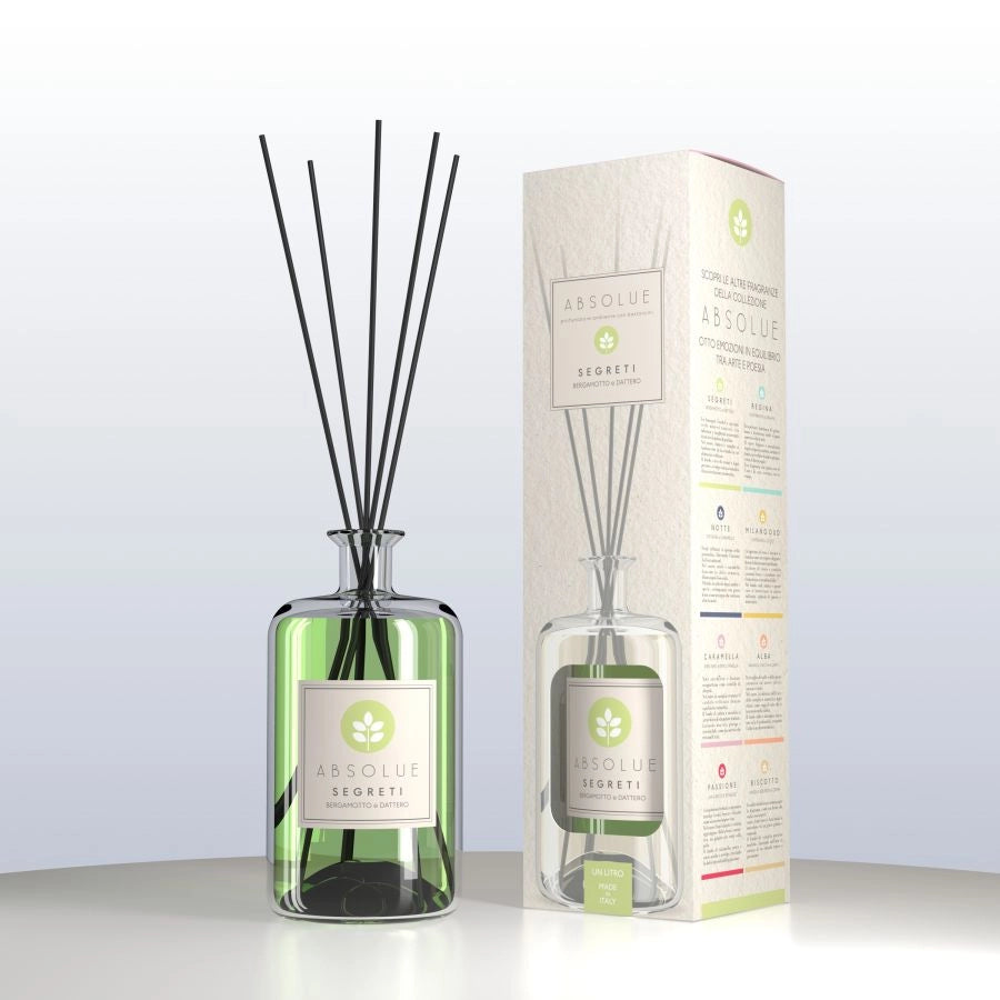 DIFFUSORE CON BASTONCINI ABSOLUTE SEGRETI BERGAMOTTI E DATTERO 1 LITRO MADE IN I