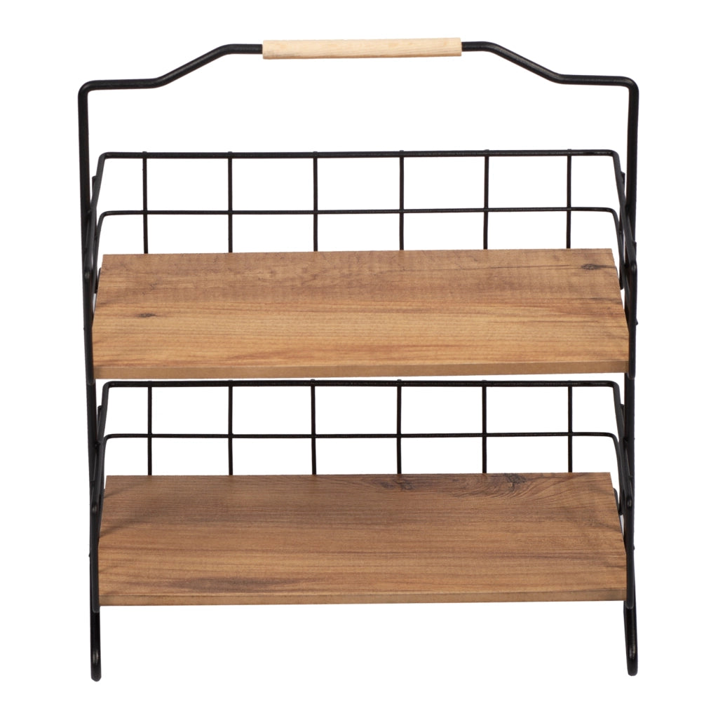 Scaffale Autoportante 'Sallingsund' Organizzatore Decorativa in Metallo con 2 Ripiani in MDF Portaoggetti per Bagno Cucina - Nero / Effetto Legno [en.casa]