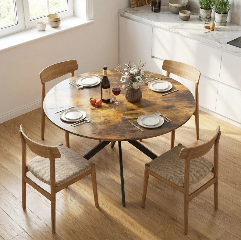 Tavolo rotondo da pranzo 120 cm in legno e acciaio, stile industriale marrone, 4 posti