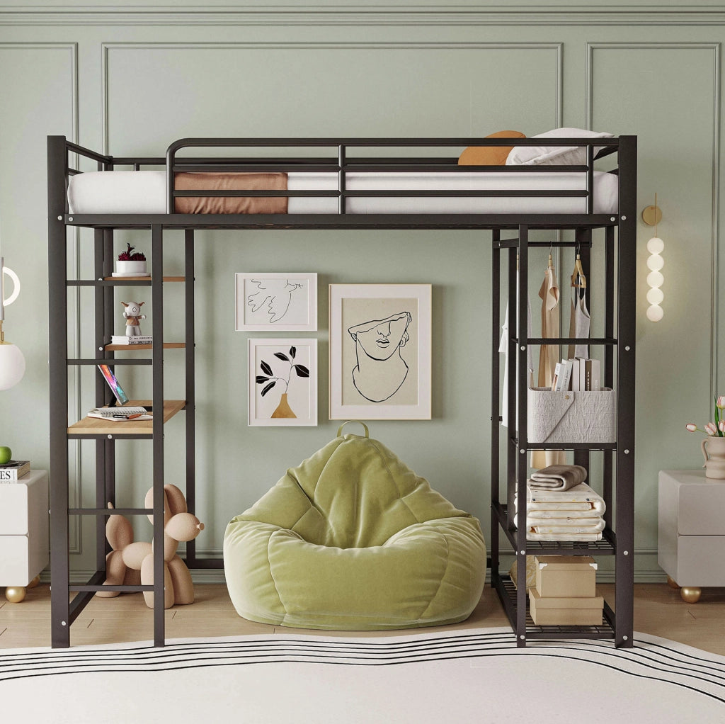 Letto a soppalco multifunzionale 90x200 cm con scrivania, armadio e scaffali, nero
