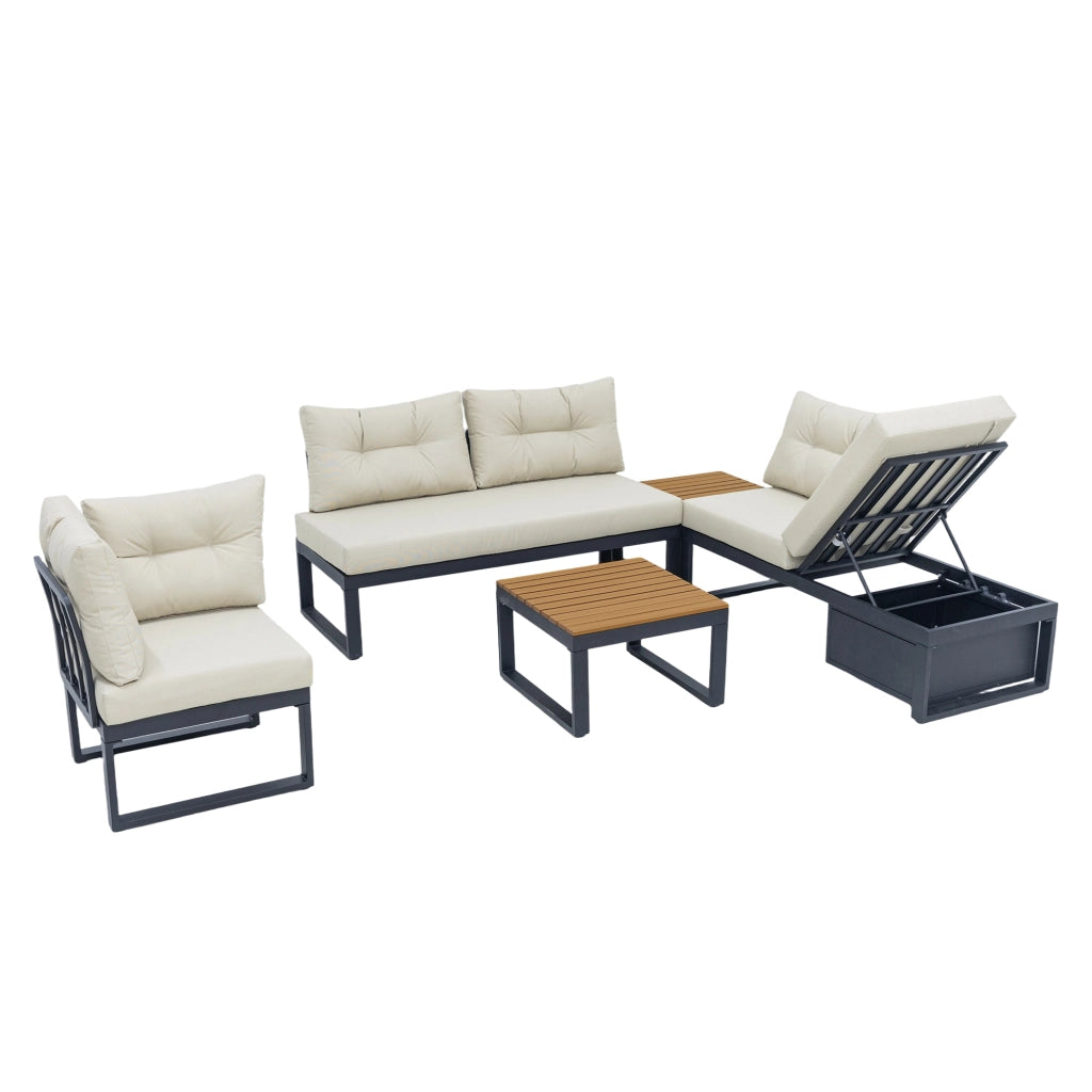 Set divano da giardino modulare beige con schienale regolabile a 3 posizioni e vano contenitore