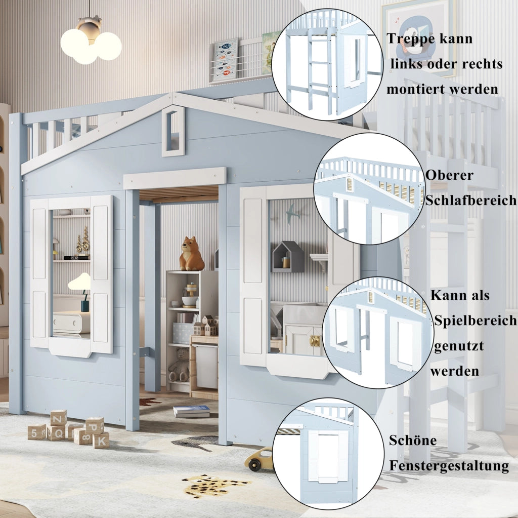 Letto a castello per bambini con scala reversibile e finestra decorativa
