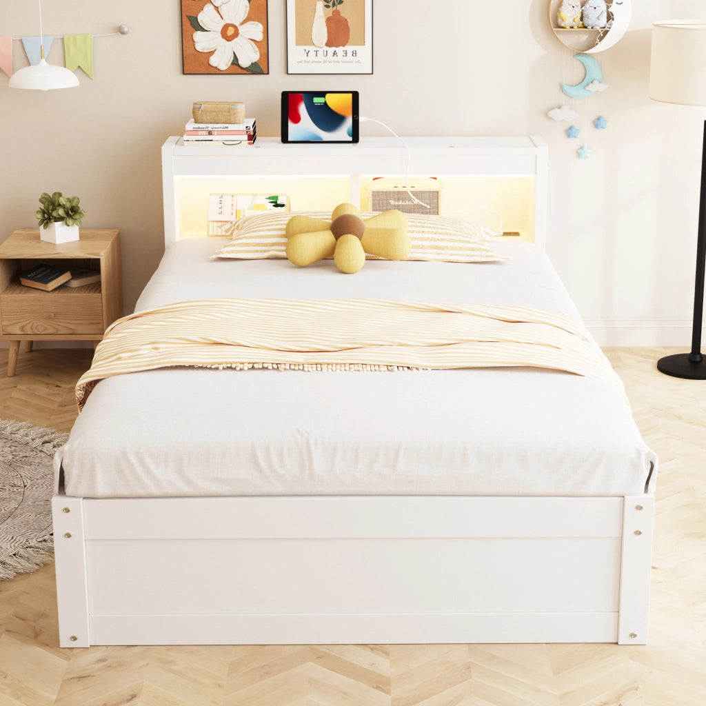 Letto singolo 90x200 cm multifunzionale con contenitore; presa integrata e LED; bianco