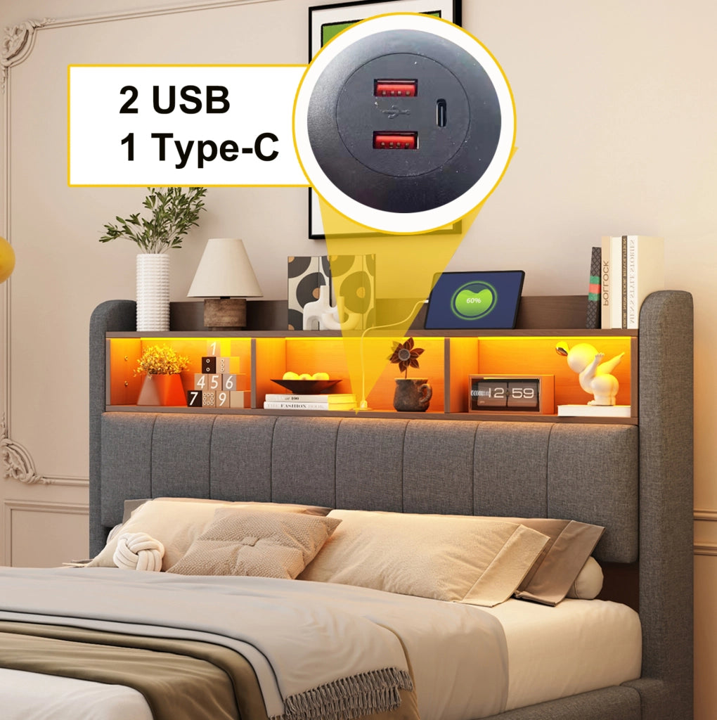 Letto imbottito sospeso con LED; USB e Type-C; 160 x 200 cm; grigio