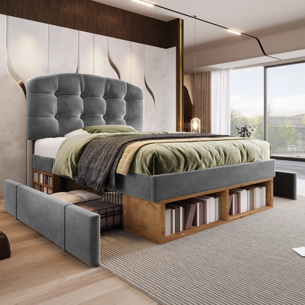 Letto con cassetti 90 × 200 cm con rete a doghe testiera regolabile rivestito in velluto grigio con vani aperti