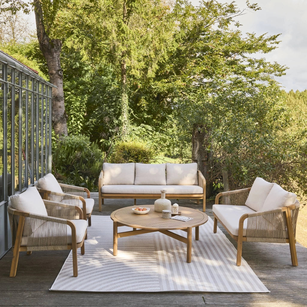Salotto da giardino in legno di acacia e corde, 7 posti, beige