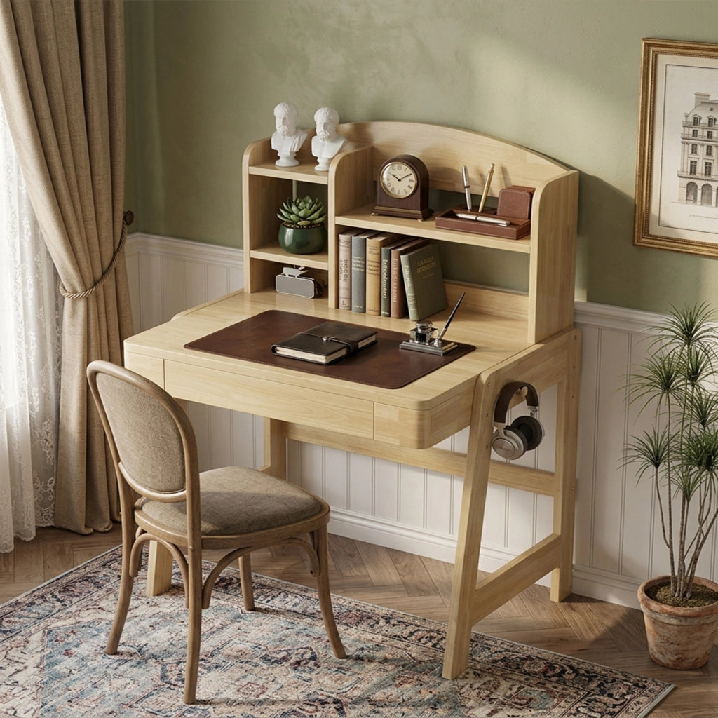 Scrivania lineare per bambini con altezza regolabile cassetto vano portaoggetti e gancio in legno naturale 60 × 88,2 × 118 cm