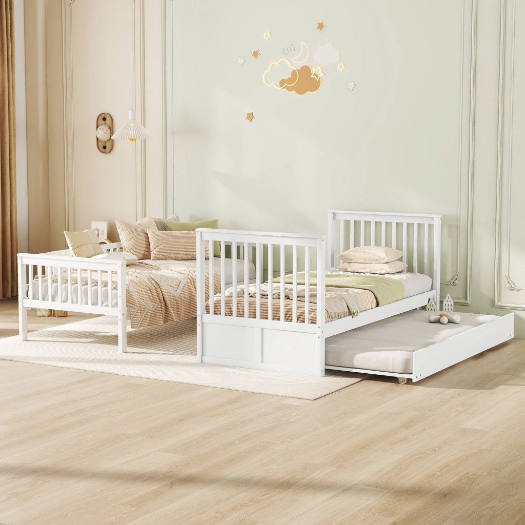 Letto a castello per bambini 90 × 200 cm e 90 × 190 cm, 3 posti con estraibile, senza materasso, bianco