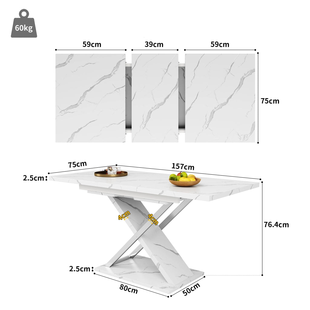 Tavolo da pranzo allungabile per 6-8 persone con piano estensibile e gambe incrociate, MDF bianco, 118 × 75 × 76,4 cm