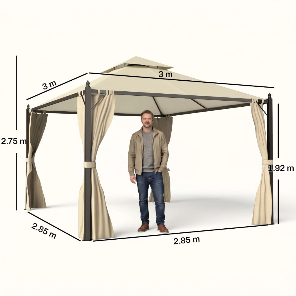 Gazebo da Giardino 3 x 3m con Doppio Tetto e 4 Tende Laterali Beige Struttura in Metallo Resistente per Esterno