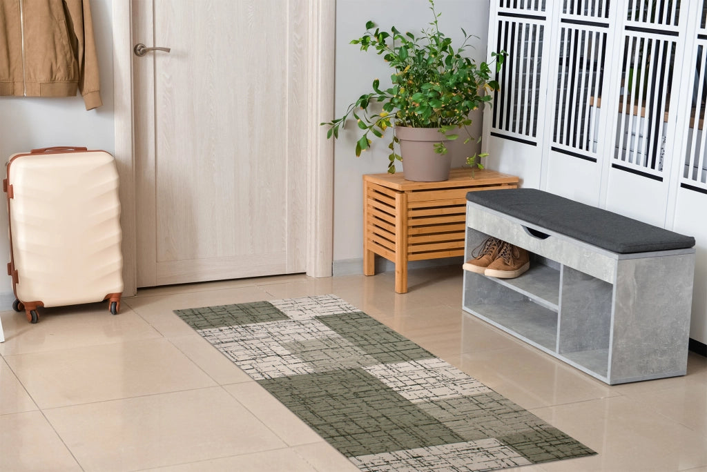 Tappeto Arredo Moderno Morbido in Ciniglia Ingresso Antiscivolo Prodotto Italiano  Soggiorno Camera Salotto Disegni Piazzati Cotone Varie Misure Grande Mondrian/Verde - 140x200 cm