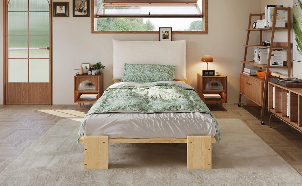 Letto singolo imbottito 90 ¡Á 200 cm con testiera in legno naturale rete a doghe e gambe larghe