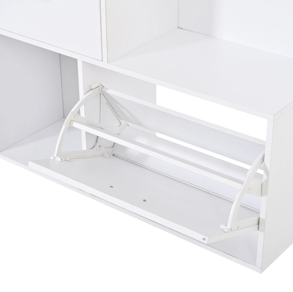 Garderoba bianca in MDF 90x30x180 cm con specchio, 2 cassetti, 3 ganci e scarpiera ribaltabile