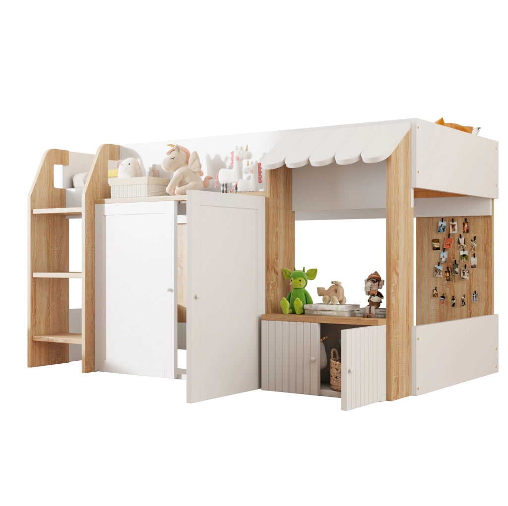 Letto a casetta 90x200 cm bianco e naturale in legno - con spazio contenitore