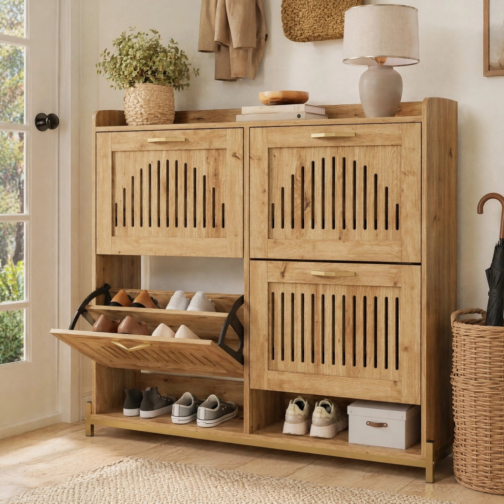 Scarpiera 108;5x24x100 cm con 4 ante in MDF effetto legno e struttura in metallo HOMVRA