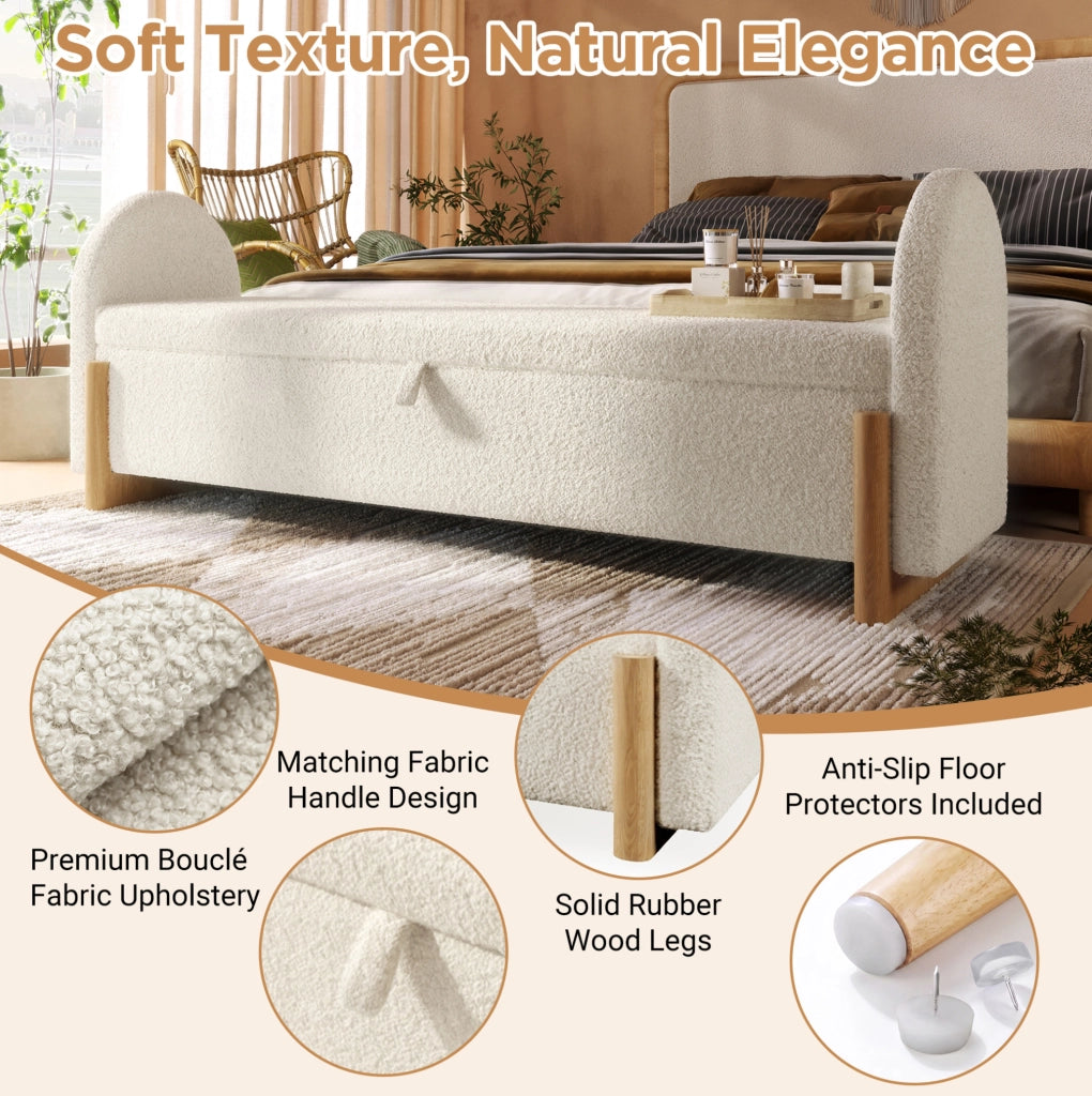 Panca contenitore con spazio idraulico 166x47x61 cm in tessuto bouclé bianco con gambe ad U in legno di gomma