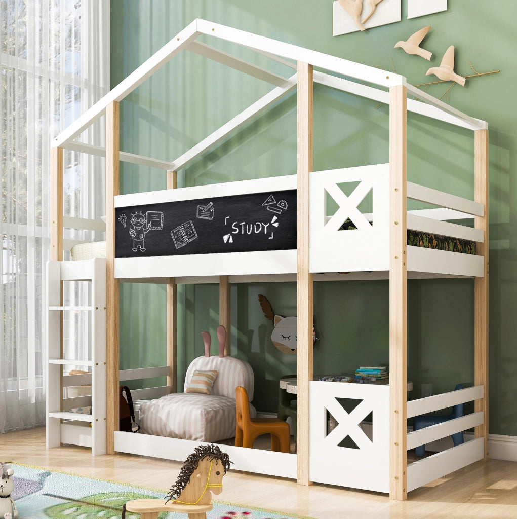 Letto a soppalco per bambini 90x200 cm con lavagna e scala