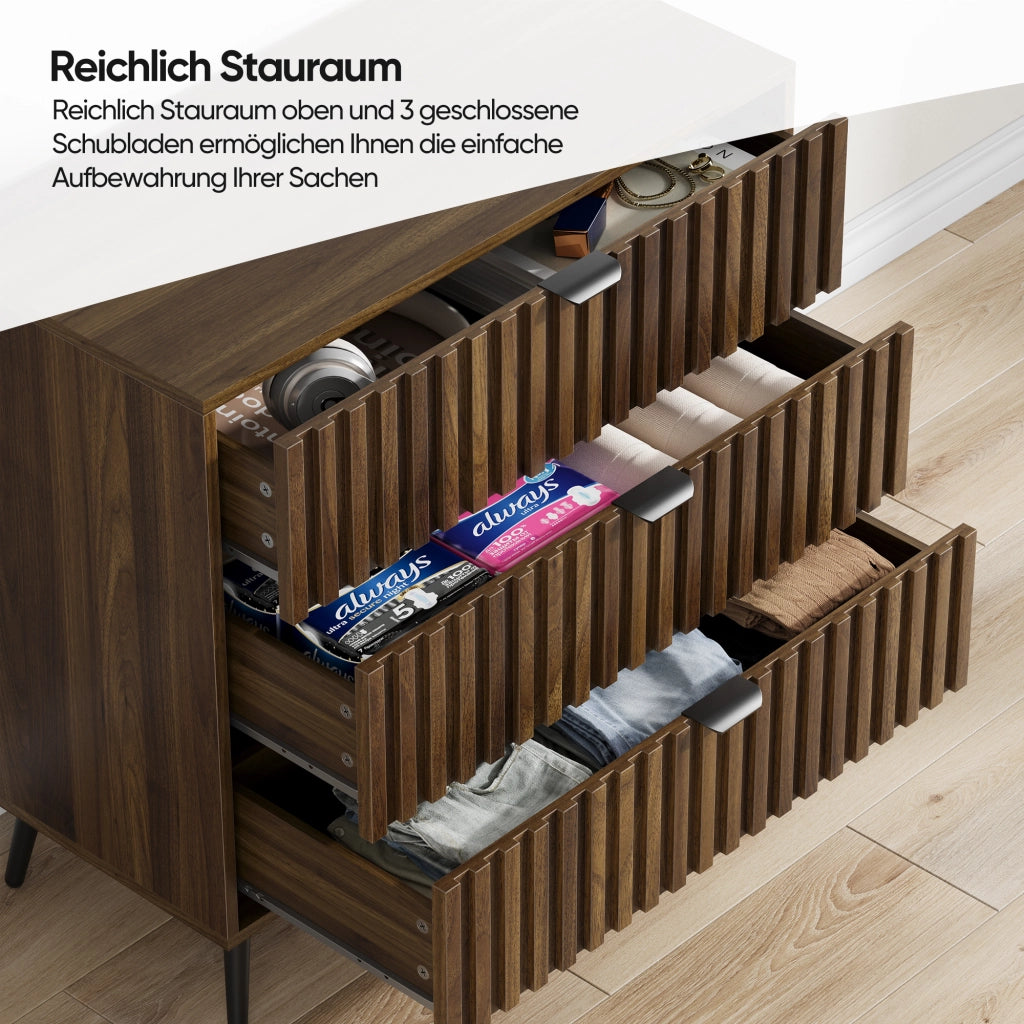 Cassettiera con 3 cassetti e guide metalliche, per camera da letto e soggiorno, in MDF noce, 80 × 39 × 78 cm