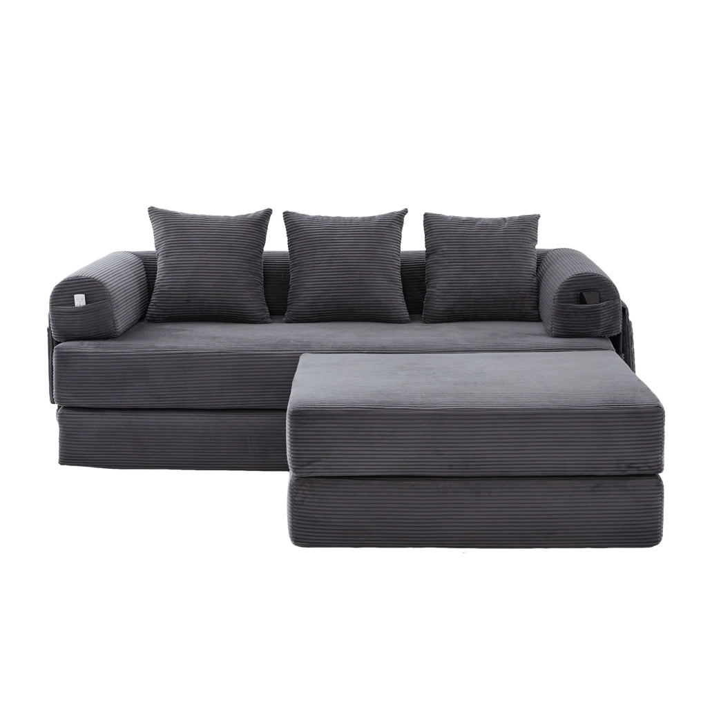 Divano modulare in tessuto vellutato con struttura in metallo, 3 cuscini e pouf, colore grigio scuro, 200x190x67 cm