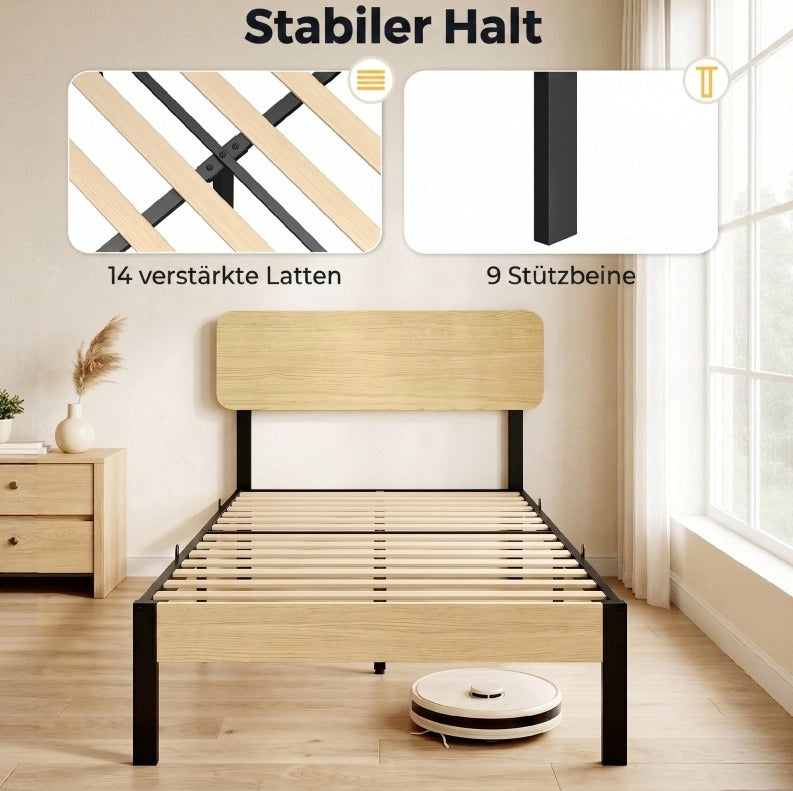 Letto singolo in metallo con testiera e spazio contenitore