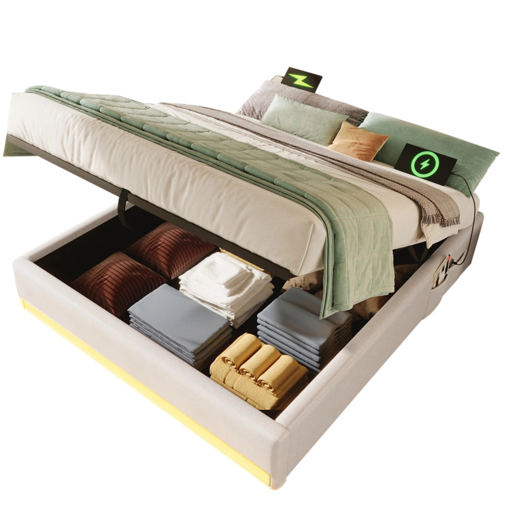 Letto imbottito 140x200 cm senza testiera con LED, USB e Type-C, contenitore idraulico, beige