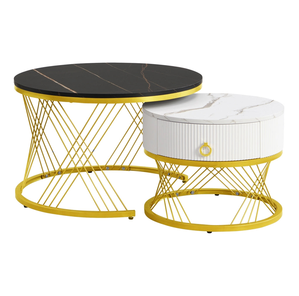 Set di 2 tavolini da caff¨¨ componibili in MDF bianco e oro con cassetto