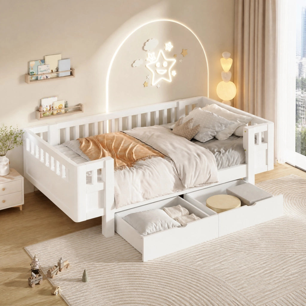 Letto a piattaforma 90x200 cm con sponde alte e due ampi cassetti, bianco
