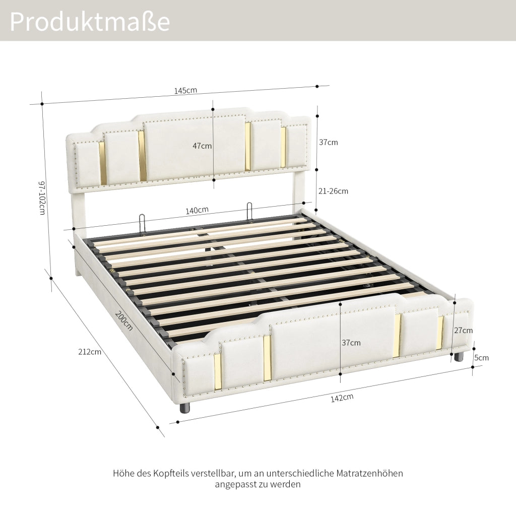 Letto matrimoniale con contenitore 140x200 cm in velluto beige; LED e dettagli dorati