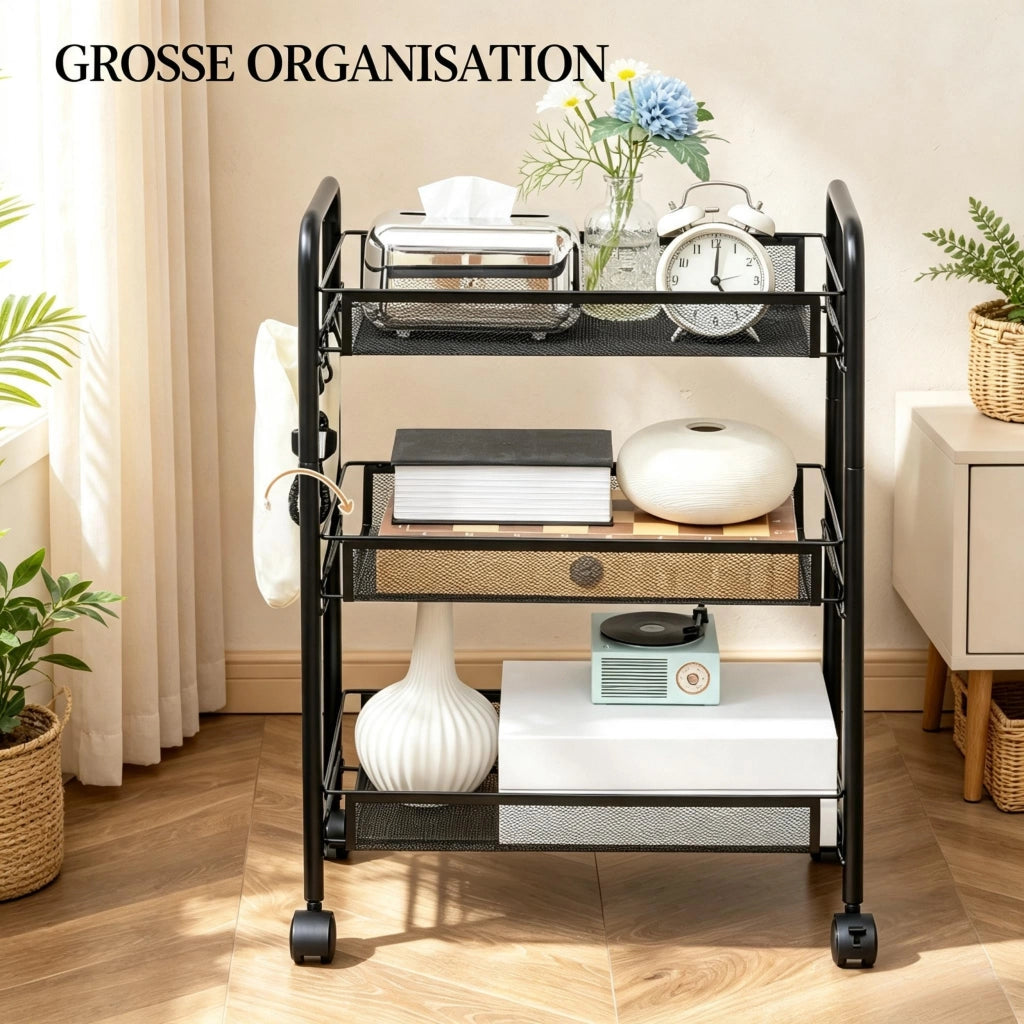 Carrello portatutto a 3 ripiani con cestelli rimovibili in acciaio nero 4 ruote 2 bloccabili 45 × 26.5 × 63 cm