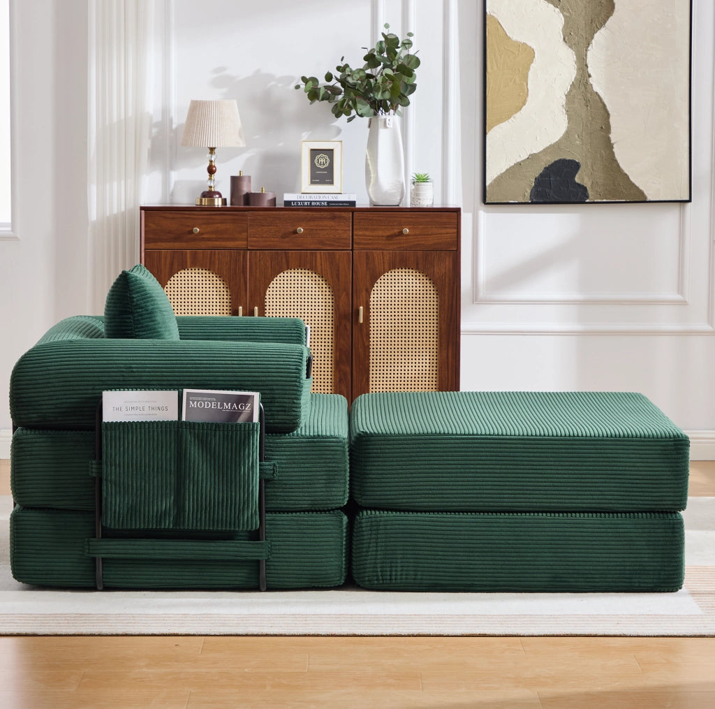 Pouf letto trasformabile 109x95x43 cm in velluto a coste; verde smeraldo