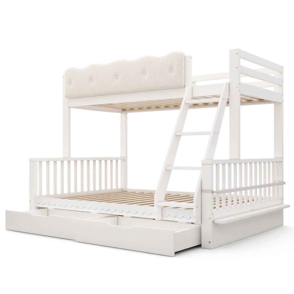 Letto a castello 90×200 cm e 140×200 cm con 2 cassetti e portariviste; senza materasso; legno; bianco