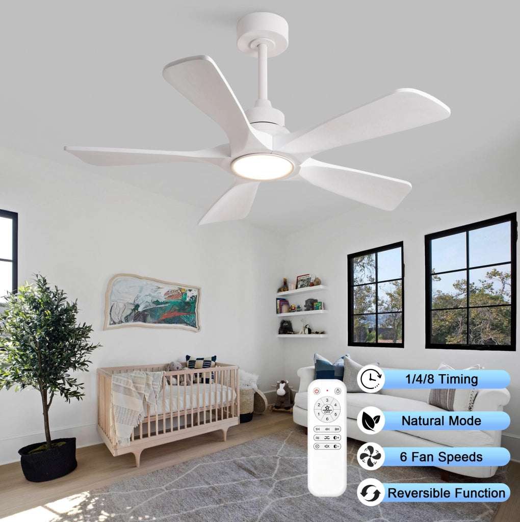 Ventilatore a soffitto 42" bianco con pale in legno massello, telecomando wireless, LED dimmerabile 3CCT, 6 velocità con memoria spegnimento