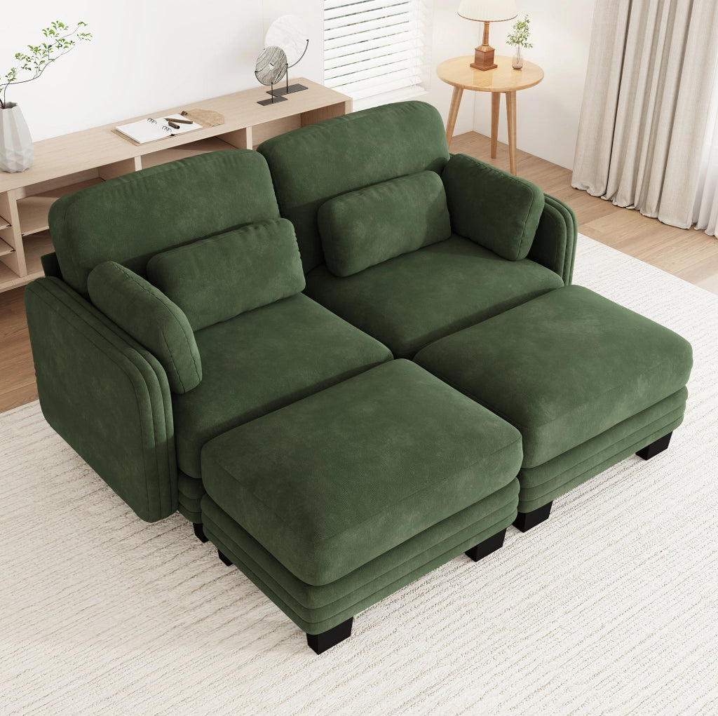 Divano modulare in ciniglia verde con pouf e cuscini; 176x143x88 cm