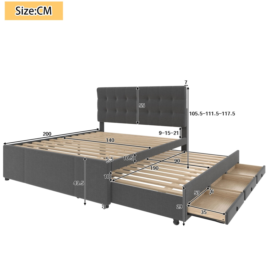 LETTO Estraibile 140x200 cm Lino Grigio con 3 cassetti