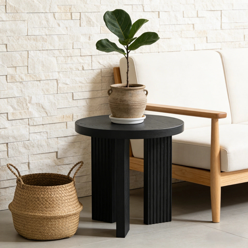 Tavolino da divano rotondo a tre gambe in MDF nero con effetto legno scuro per soggiorno camera e balcone