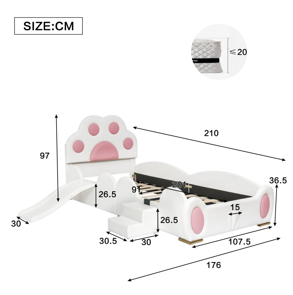 Letto singolo imbottito per bambini con scivolo e scaletta, testiera a forma di zampa di gatto, PU bianco e rosa, 90x200 cm