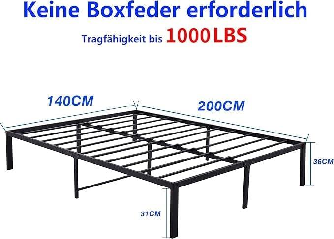 Letto per adulti 140 × 200 cm in metallo, struttura stabile e silenziosa, spazio sotto il letto, senza materasso, nero