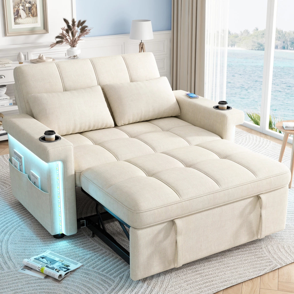 Divano letto 2 posti con LED, USB e USB-C, schienale regolabile in ciniglia beige