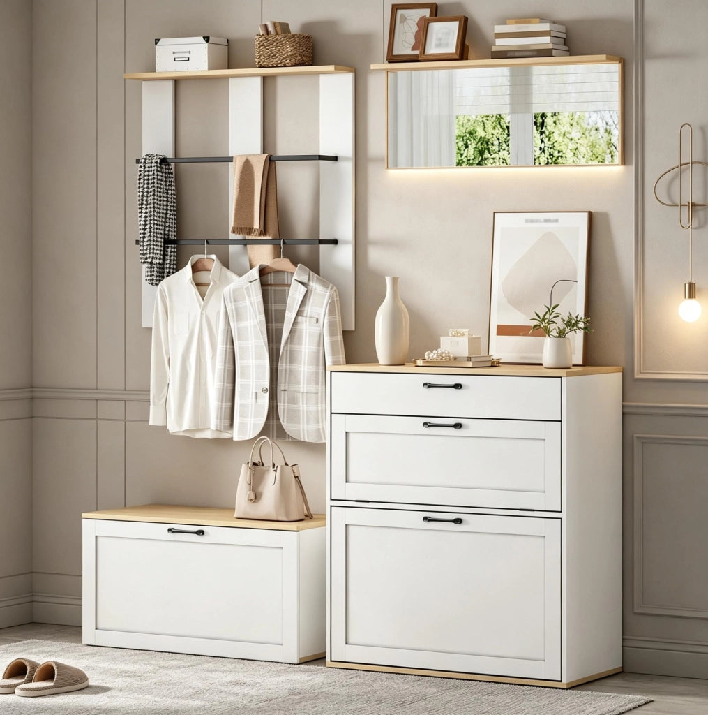 Set guardaroba modulare con specchio e panca porta scarpe bianco e legno 156x36x176 cm