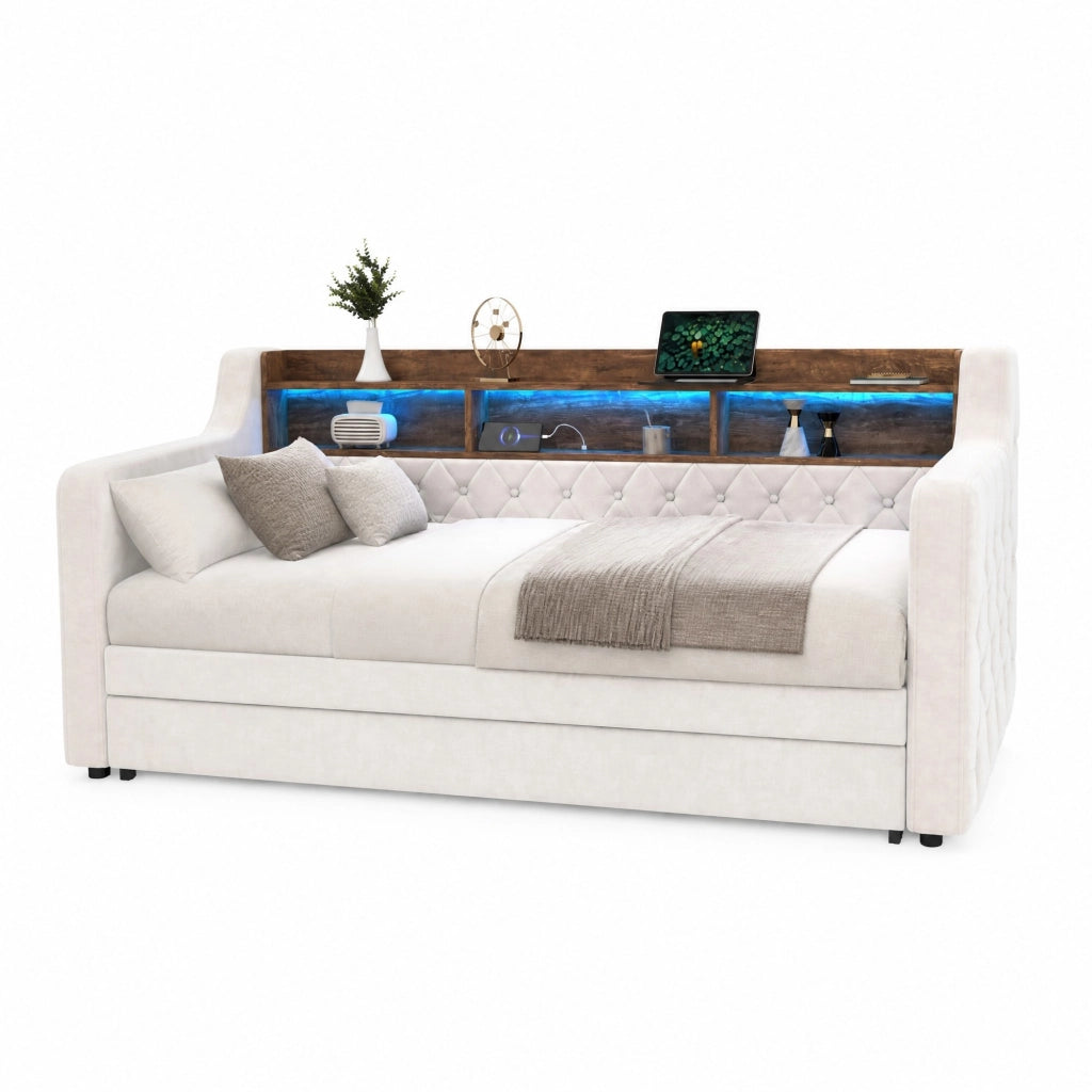 Divano letto estraibile 90x190 cm in velluto beige con LED; USB-C e vano portaoggetti
