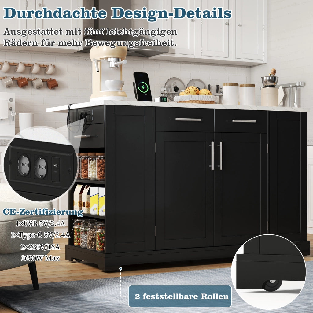Mobile da cucina con piano ribaltabile; ruote; presa EU e vano rifiuti estraibile nero in MDF 138 × 86 × 92 cm